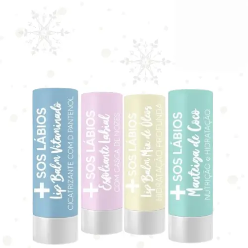 Kit com 4 Lip Balm - Mix Óleos - Manteiga Coco - Esfoliante Labial Casca Nozes - D-Pantenol