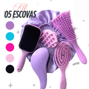Kit 5 Escovas de Cabelo + Touca de Cetim – Raquete Fashion, Mágica, Polvo, Massageadora de Silicone